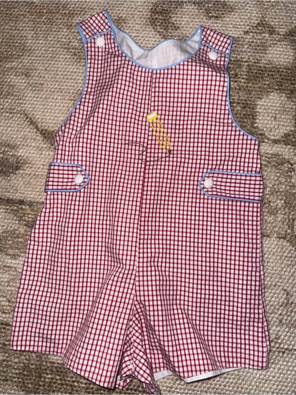 Red Checkered Kids One-Piece Romper with Blue Trim